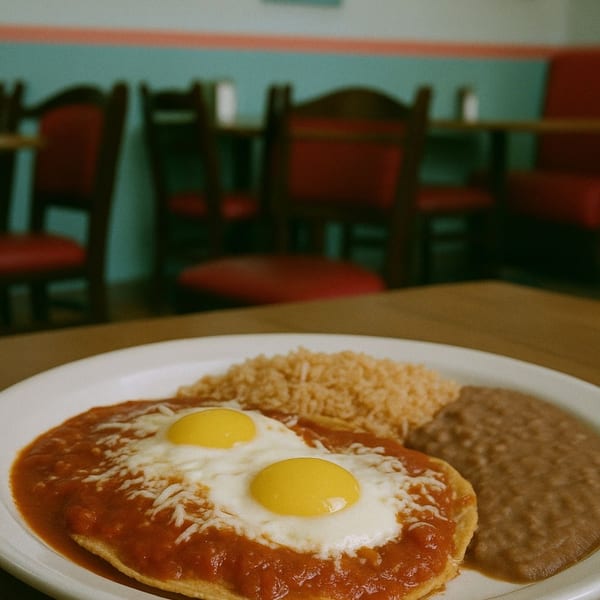 Huevos rancheros with rice and beans on a white plate at Don Beto Mexican Restaurant.