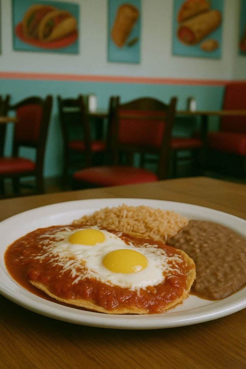 Huevos rancheros with rice and beans on a white plate at Don Beto Mexican Restaurant.