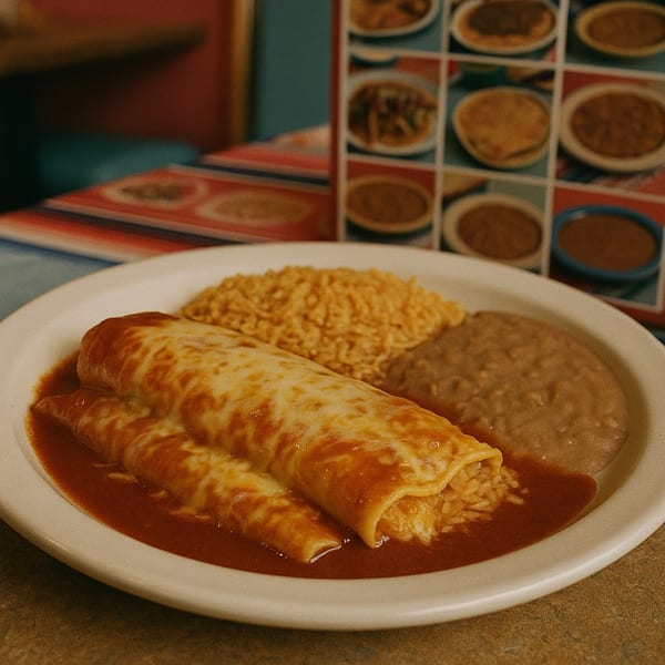 Two cheesy enchiladas covered in red sauce, with rice and refried beans on a white plate.
