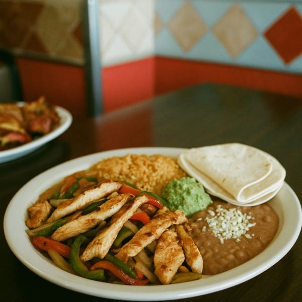 Chicken fajitas with rice, refried beans, guacamole, and tortillas on a white plate at Don Beto Mexican Restaurant.