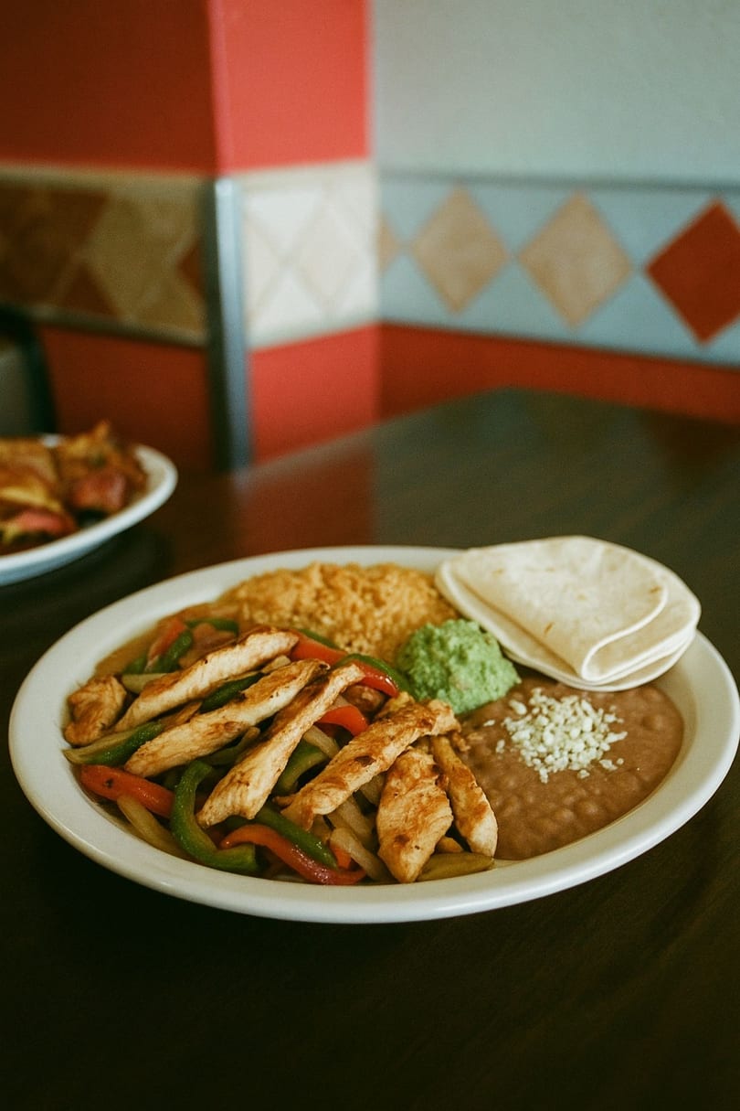 Chicken fajitas with rice, refried beans, guacamole, and tortillas on a white plate at Don Beto Mexican Restaurant.