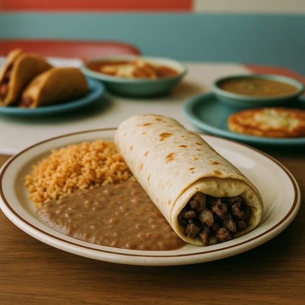 A Don Beto carne asada burrito with rice and beans, with tacos and soup in the background.